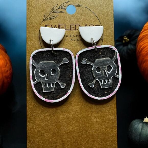 JEWELED ART Skull and Crossbones Dangle Hand-Painted Wood Earrings White Pink - Picture 3 of 3